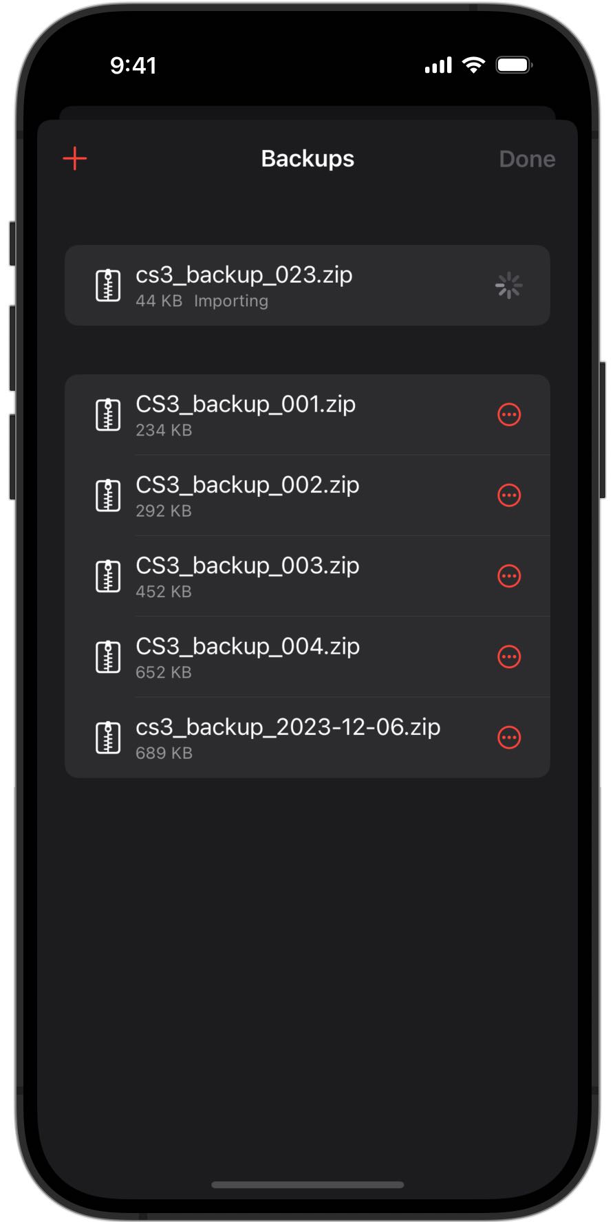 Screenshot of an iPhone importing a backup in RailControl Pro