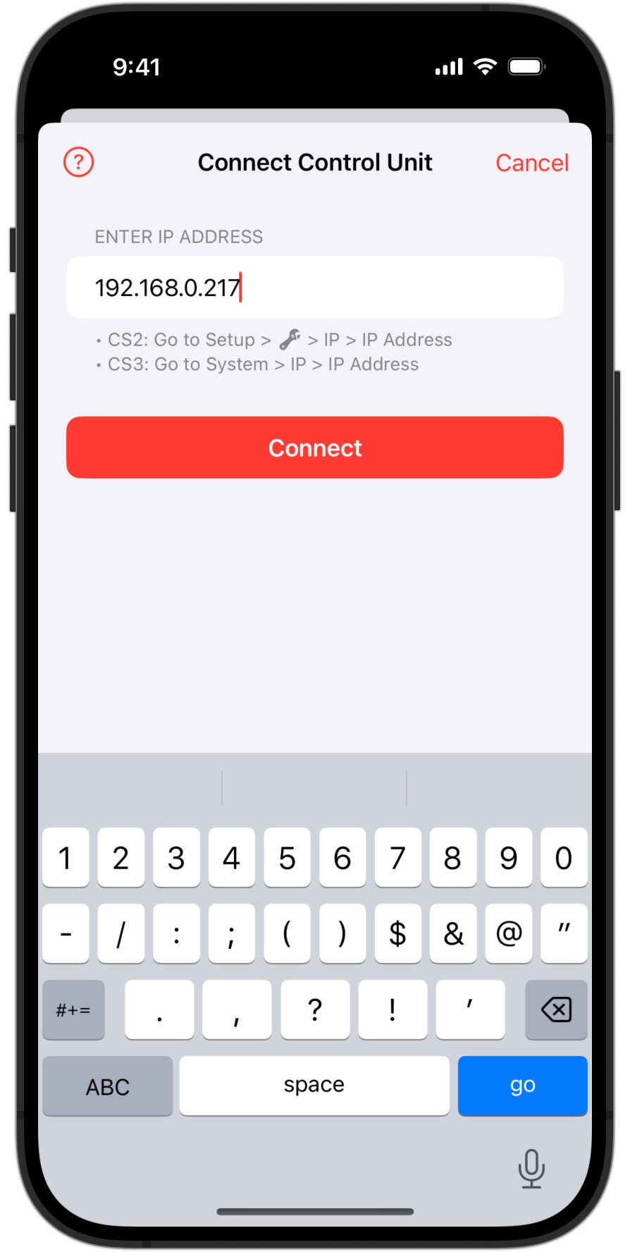 Screenshot of the connect screen to connect Märklin Central Station to iPhone, iPad or Mac with RailControl Pro