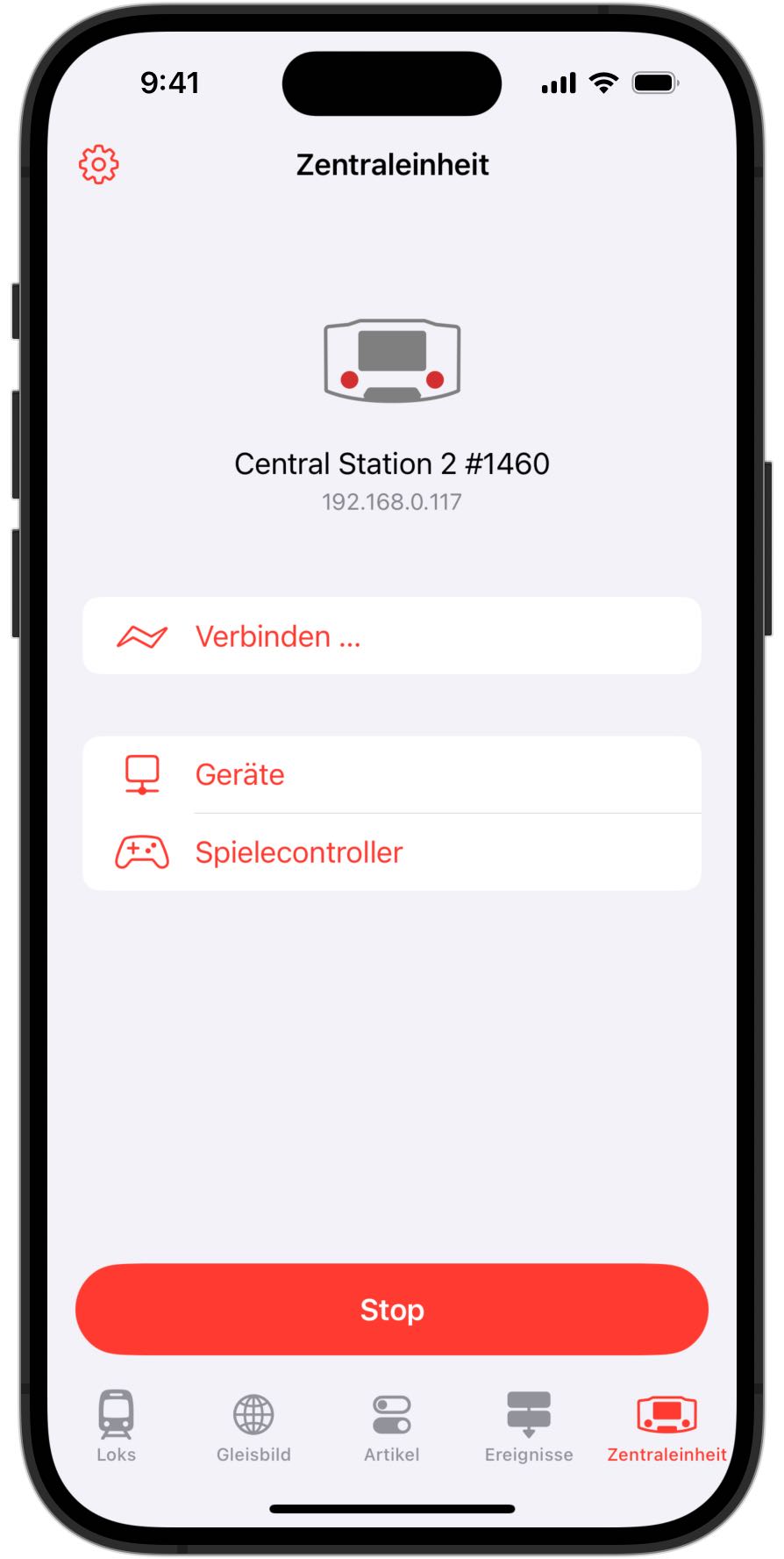 Screenshot des Zentraleinheitschirms bei Verbindung der Märklin Central Station 2 mit iPhone, iPad oder Mac mit RailControl Pro
