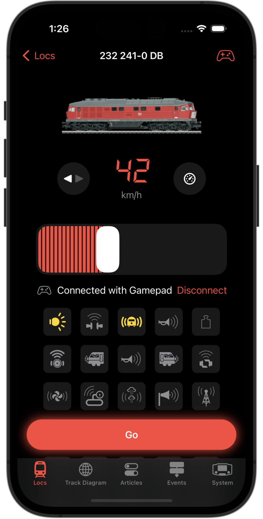 Screenshots of an iPhone showing a loc connected to a game controller in RailControl Pro